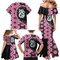 Pink Taniko Motif Aotearoa Manaia and Silver Fern Family Matching Mermaid Dress and Hawaiian Shirt