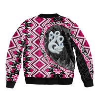 Pink Taniko Motif Aotearoa Manaia and Silver Fern Sleeve Zip Bomber Jacket