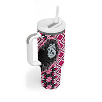Pink Taniko Motif Aotearoa Manaia and Silver Fern Tumbler With Handle