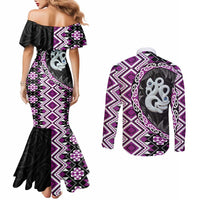 Purple Taniko Motif Aotearoa Manaia and Silver Fern Couples Matching Mermaid Dress and Long Sleeve Button Shirt