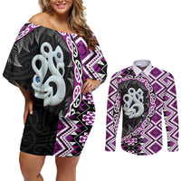 Purple Taniko Motif Aotearoa Manaia and Silver Fern Couples Matching Off Shoulder Short Dress and Long Sleeve Button Shirt