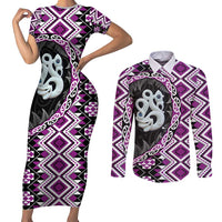 Purple Taniko Motif Aotearoa Manaia and Silver Fern Couples Matching Short Sleeve Bodycon Dress and Long Sleeve Button Shirt