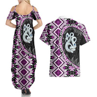 Purple Taniko Motif Aotearoa Manaia and Silver Fern Couples Matching Summer Maxi Dress and Hawaiian Shirt
