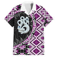 Purple Taniko Motif Aotearoa Manaia and Silver Fern Family Matching Off Shoulder Maxi Dress and Hawaiian Shirt