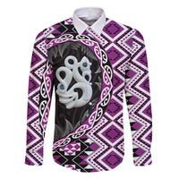 Purple Taniko Motif Aotearoa Manaia and Silver Fern Family Matching Off Shoulder Short Dress and Hawaiian Shirt
