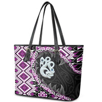 Purple Taniko Motif Aotearoa Manaia and Silver Fern Leather Tote Bag