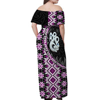 Purple Taniko Motif Aotearoa Manaia and Silver Fern Off Shoulder Maxi Dress