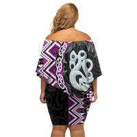 Purple Taniko Motif Aotearoa Manaia and Silver Fern Off Shoulder Short Dress
