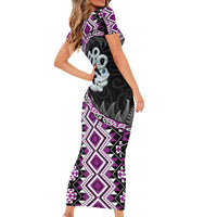 Purple Taniko Motif Aotearoa Manaia and Silver Fern Short Sleeve Bodycon Dress