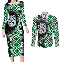 Green Taniko Motif Aotearoa Manaia and Silver Fern Couples Matching Long Sleeve Bodycon Dress and Long Sleeve Button Shirt