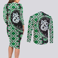 Green Taniko Motif Aotearoa Manaia and Silver Fern Couples Matching Long Sleeve Bodycon Dress and Long Sleeve Button Shirt