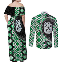 Green Taniko Motif Aotearoa Manaia and Silver Fern Couples Matching Off Shoulder Maxi Dress and Long Sleeve Button Shirt