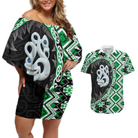 Green Taniko Motif Aotearoa Manaia and Silver Fern Couples Matching Off Shoulder Short Dress and Hawaiian Shirt