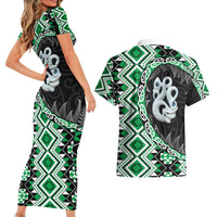 Green Taniko Motif Aotearoa Manaia and Silver Fern Couples Matching Short Sleeve Bodycon Dress and Hawaiian Shirt