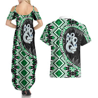 Green Taniko Motif Aotearoa Manaia and Silver Fern Couples Matching Summer Maxi Dress and Hawaiian Shirt