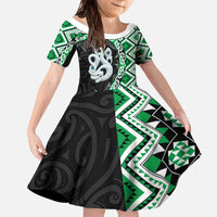 Green Taniko Motif Aotearoa Manaia and Silver Fern Family Matching Off The Shoulder Long Sleeve Dress and Hawaiian Shirt