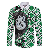 Green Taniko Motif Aotearoa Manaia and Silver Fern Family Matching Off The Shoulder Long Sleeve Dress and Hawaiian Shirt