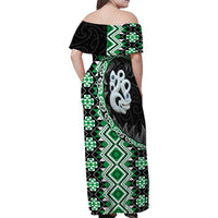 Green Taniko Motif Aotearoa Manaia and Silver Fern Family Matching Off Shoulder Maxi Dress and Hawaiian Shirt