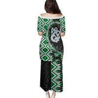 Green Taniko Motif Aotearoa Manaia and Silver Fern Family Matching Puletasi and Hawaiian Shirt