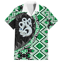 Green Taniko Motif Aotearoa Manaia and Silver Fern Family Matching Tank Maxi Dress and Hawaiian Shirt