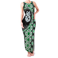 Green Taniko Motif Aotearoa Manaia and Silver Fern Family Matching Tank Maxi Dress and Hawaiian Shirt