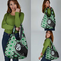 Green Taniko Motif Aotearoa Manaia and Silver Fern Grocery Bag