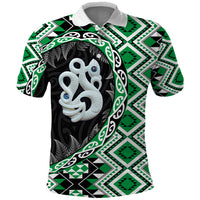 Green Taniko Motif Aotearoa Manaia and Silver Fern Polo Shirt