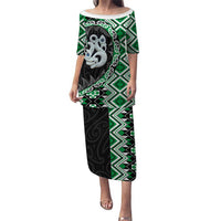 Green Taniko Motif Aotearoa Manaia and Silver Fern Puletasi