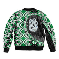 Green Taniko Motif Aotearoa Manaia and Silver Fern Sleeve Zip Bomber Jacket