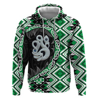 Green Taniko Motif Aotearoa Manaia and Silver Fern Zip Hoodie