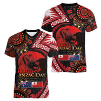 Tonga and Australia ANZAC Day Women V-Neck T-Shirt Aboriginal and Ngatu Art Pattern - Gallipoli Lest We Forget LT03 - Polynesian Pride