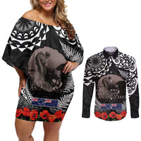 New Zealand and Cook Islands ANZAC Day Couples Matching Off Shoulder Short Dress and Long Sleeve Button Shirt Gallipoli Lest We Forget Tatau Art Tribal and Maori Tattoo with Fern LT03 Black - Polynesian Pride