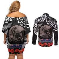 New Zealand and Cook Islands ANZAC Day Couples Matching Off Shoulder Short Dress and Long Sleeve Button Shirt Gallipoli Lest We Forget Tatau Art Tribal and Maori Tattoo with Fern LT03 - Polynesian Pride