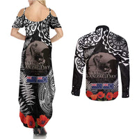 New Zealand and Cook Islands ANZAC Day Couples Matching Summer Maxi Dress and Long Sleeve Button Shirt Gallipoli Lest We Forget Tatau Art Tribal and Maori Tattoo with Fern LT03 - Polynesian Pride