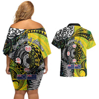 New Zealand and Cook Islands Together Couples Matching Off Shoulder Short Dress and Hawaiian Shirt Tatau Art Tribal Pattern-Maori Tattoo with Fern and Paua Shell LT03 - Polynesian Pride