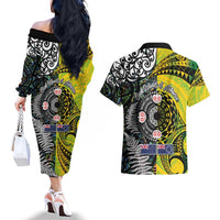New Zealand and Cook Islands Together Couples Matching Off The Shoulder Long Sleeve Dress and Hawaiian Shirt Tatau Art Tribal Pattern-Maori Tattoo with Fern and Paua Shell LT03 - Polynesian Pride