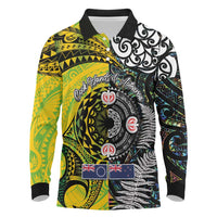 New Zealand and Cook Islands Together Long Sleeve Polo Shirt Tatau Art Tribal Pattern-Maori Tattoo with Fern and Paua Shell
