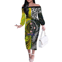 New Zealand and Cook Islands Together Off The Shoulder Long Sleeve Dress Tatau Art Tribal Pattern-Maori Tattoo with Fern and Paua Shell