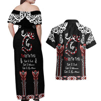 Aotearoa Toitu Te Tiriti-Maori Taniwha Couples Matching Off Shoulder Maxi Dress and Hawaiian Shirt Toitu Te Whenua Toitu Te Reo Maori