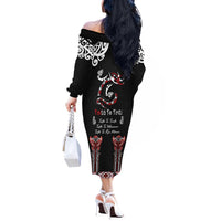 Aotearoa Toitu Te Tiriti-Maori Taniwha Off The Shoulder Long Sleeve Dress Toitu Te Whenua Toitu Te Reo Maori