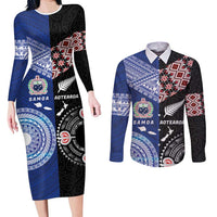 Personalised Aotearoa and Samoa Together Couples Matching Long Sleeve Bodycon Dress and Long Sleeve Button Shirt Tatau Art Tattoos-Taniko and Tukutuku with Maori Pattern