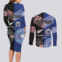 Personalised Aotearoa and Samoa Together Couples Matching Long Sleeve Bodycon Dress and Long Sleeve Button Shirt Tatau Art Tattoos-Taniko and Tukutuku with Maori Pattern