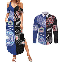 Personalised Aotearoa and Samoa Together Couples Matching Summer Maxi Dress and Long Sleeve Button Shirt Tatau Art Tattoos-Taniko and Tukutuku with Maori Pattern