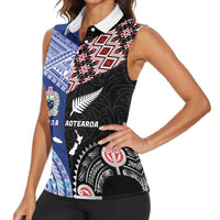 Personalised Aotearoa and Samoa Together Women Sleeveless Polo Shirt Tatau Art Tattoos-Taniko and Tukutuku with Maori Pattern