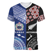 Personalised Aotearoa and Samoa Together Women V-Neck T-Shirt Tatau Art Tattoos-Taniko and Tukutuku with Maori Pattern