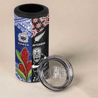 Custom Aotearoa and Samoa Rugby 4 in 1 Can Cooler Tumbler Maori Warrior and Teuila Emblem-Tatau with Taniko Art