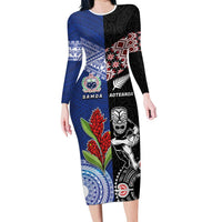 Custom Aotearoa and Samoa Rugby Family Matching Long Sleeve Bodycon Dress and Hawaiian Shirt Maori Warrior and Teuila Emblem-Tatau with Taniko Art