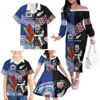 Custom Aotearoa and Samoa Rugby Family Matching Off The Shoulder Long Sleeve Dress and Hawaiian Shirt Maori Warrior and Teuila Emblem-Tatau with Taniko Art