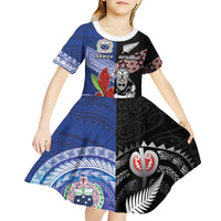 Custom Aotearoa and Samoa Rugby Kid Short Sleeve Dress Maori Warrior and Teuila Emblem-Tatau with Taniko Art