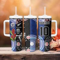 Custom Aotearoa and Samoa Rugby Tumbler With Handle Maori Warrior and Teuila Emblem-Tatau with Taniko Art